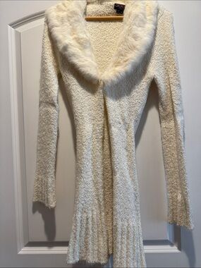 XOXO Ivory real rabbit Fur Trim Long Cardigan Sweater